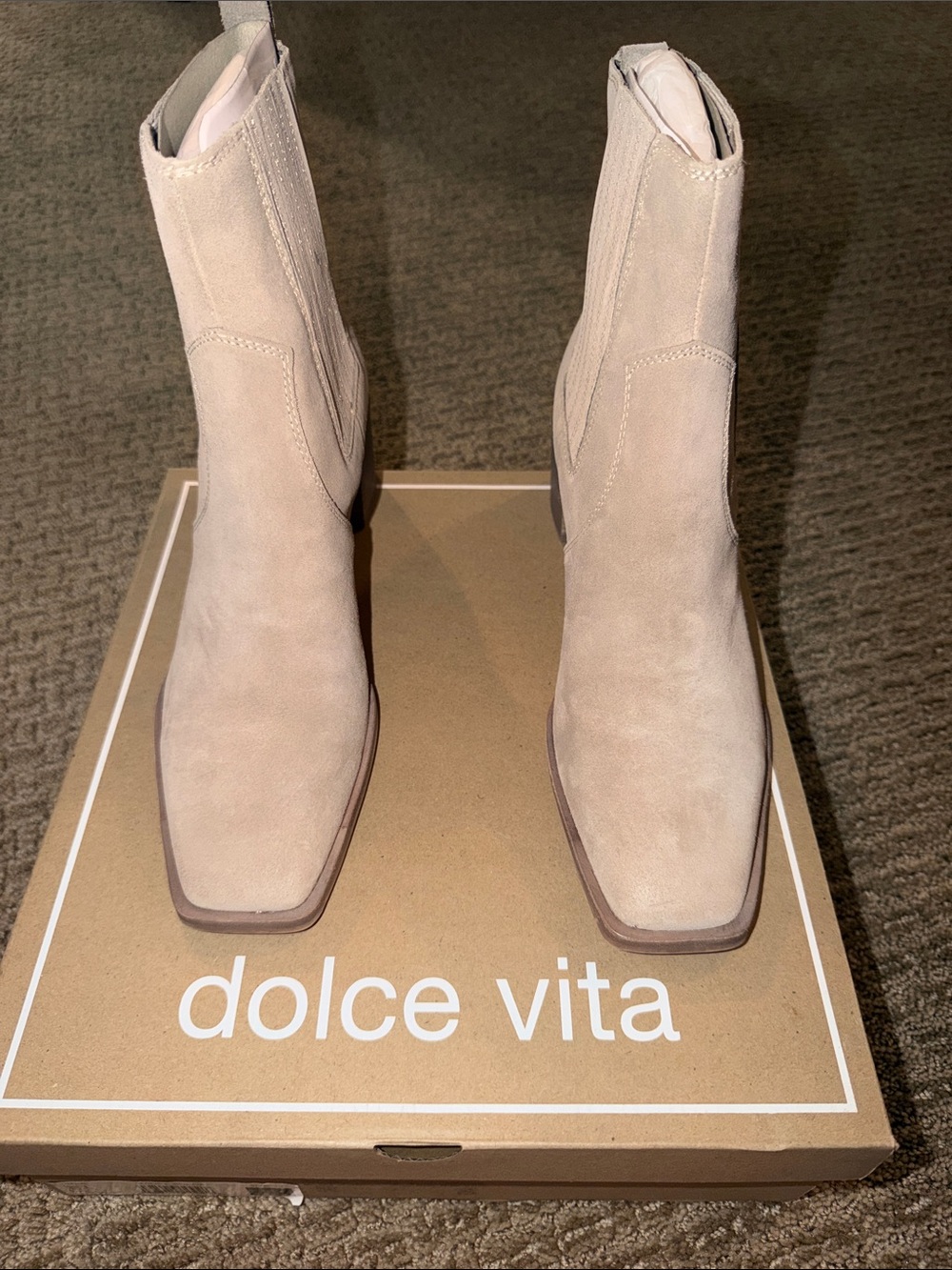Dolce Vita Light Beige Suede Square-Toe Ankle Booties
